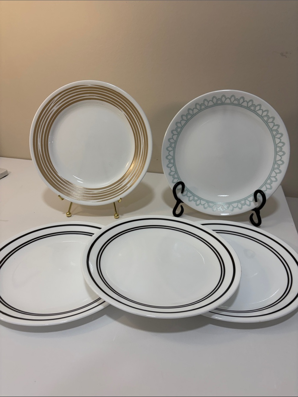 Corelle Mix of 5 Lunch Plates Set with Gold, Teal, and Black Rim Accents